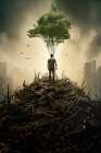 Fantasy of man on wreckage heap facing tree and survival. AI Generated. Art Print